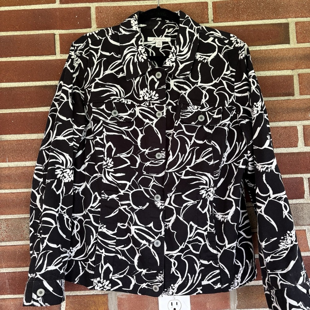JM Collection Sz 14 100% Cotton Black White Floral Spring Jean Jacket Art A3555
